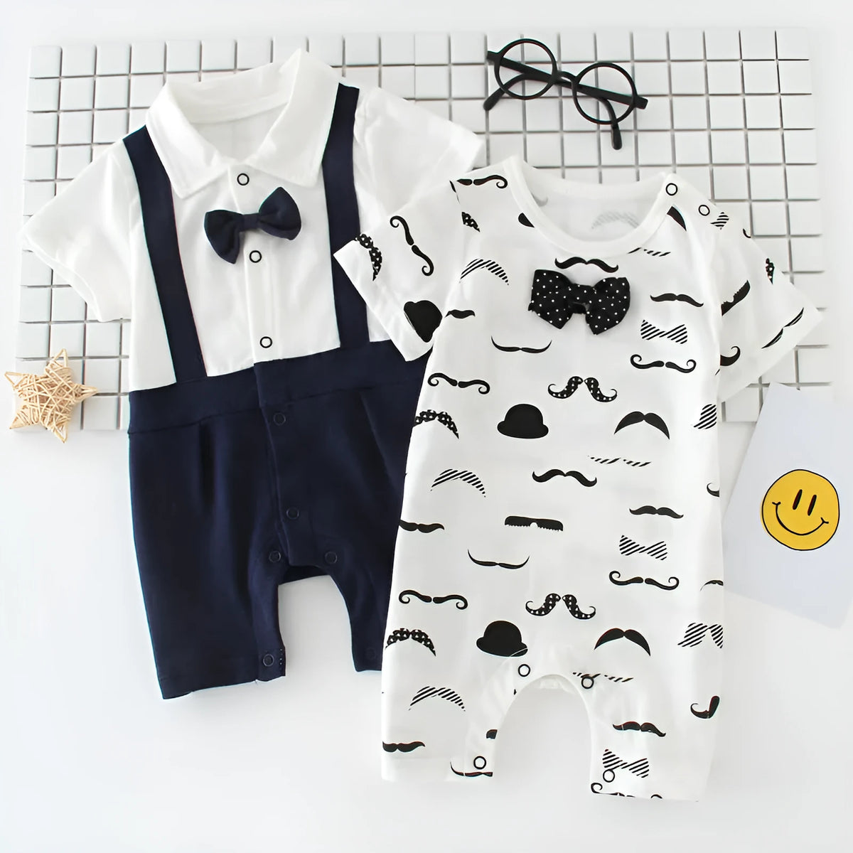 Baby bow gentleman climbing suit in cotton with short sleeves and buckle closure, shown in beard gentleman style