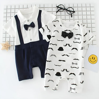 Baby bow gentleman climbing suit in cotton with short sleeves and buckle closure, shown in beard gentleman style