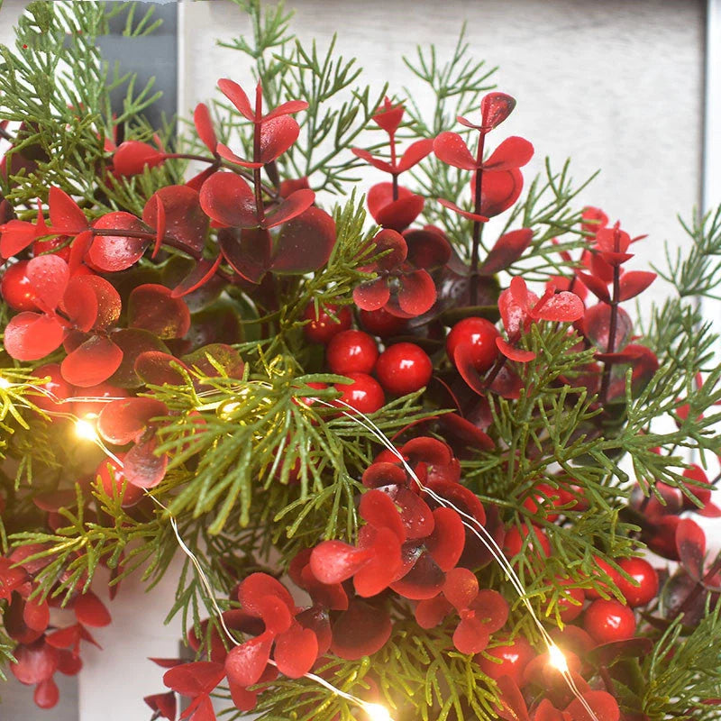 45cm artificial cherry pattern Christmas wreath with LED lights for festive decoration