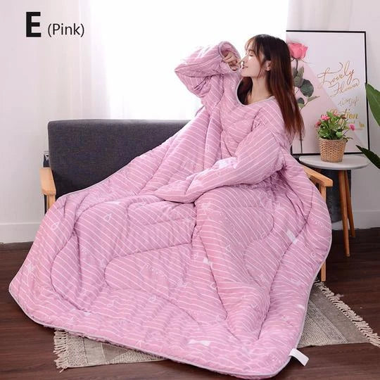 Cozy heated blanket with sleeves for comfortable lounging and hands-free relaxation