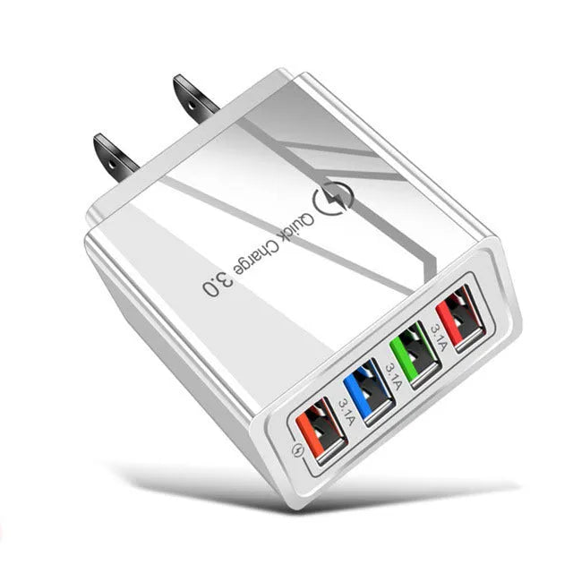 Four-port USB mobile phone charging head with luminous indicator in multiple colour options