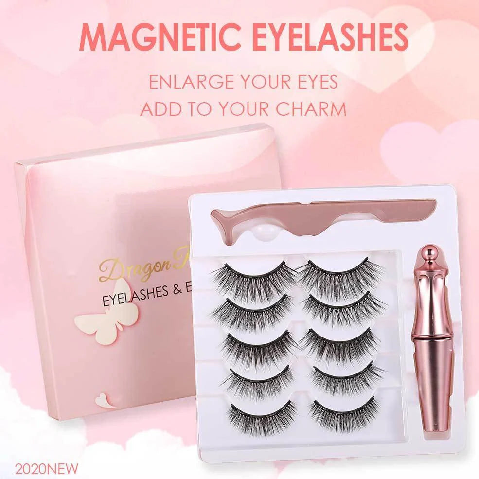 5 pairs of magnetic false eyelashes with tweezers and eyeliner on white background