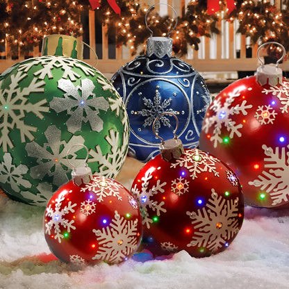 Large 60cm inflatable PVC Christmas decoration ball in bright colours for outdoor garden or tree display.
