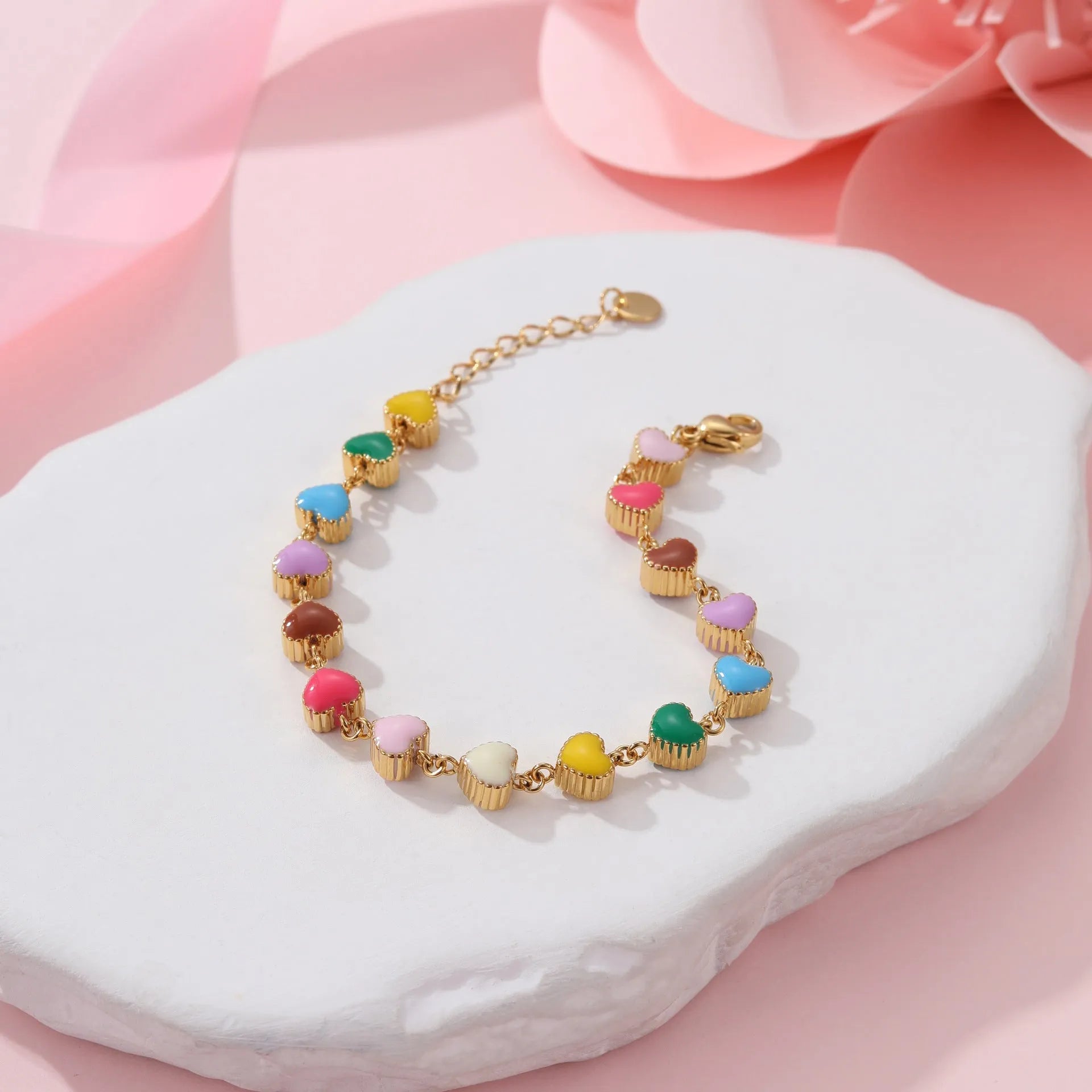 Women's love heart-shaped titanium steel bracelet necklace with colourful oil design and gold electroplating