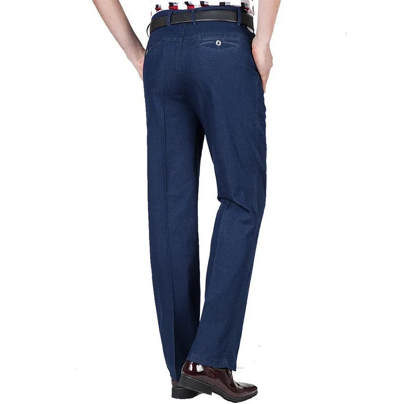 Men's high waist loose blue jeans with zip fly in light, medium and dark colour options