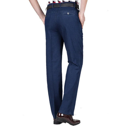 Men's high waist loose blue jeans with zip fly in light, medium and dark colour options