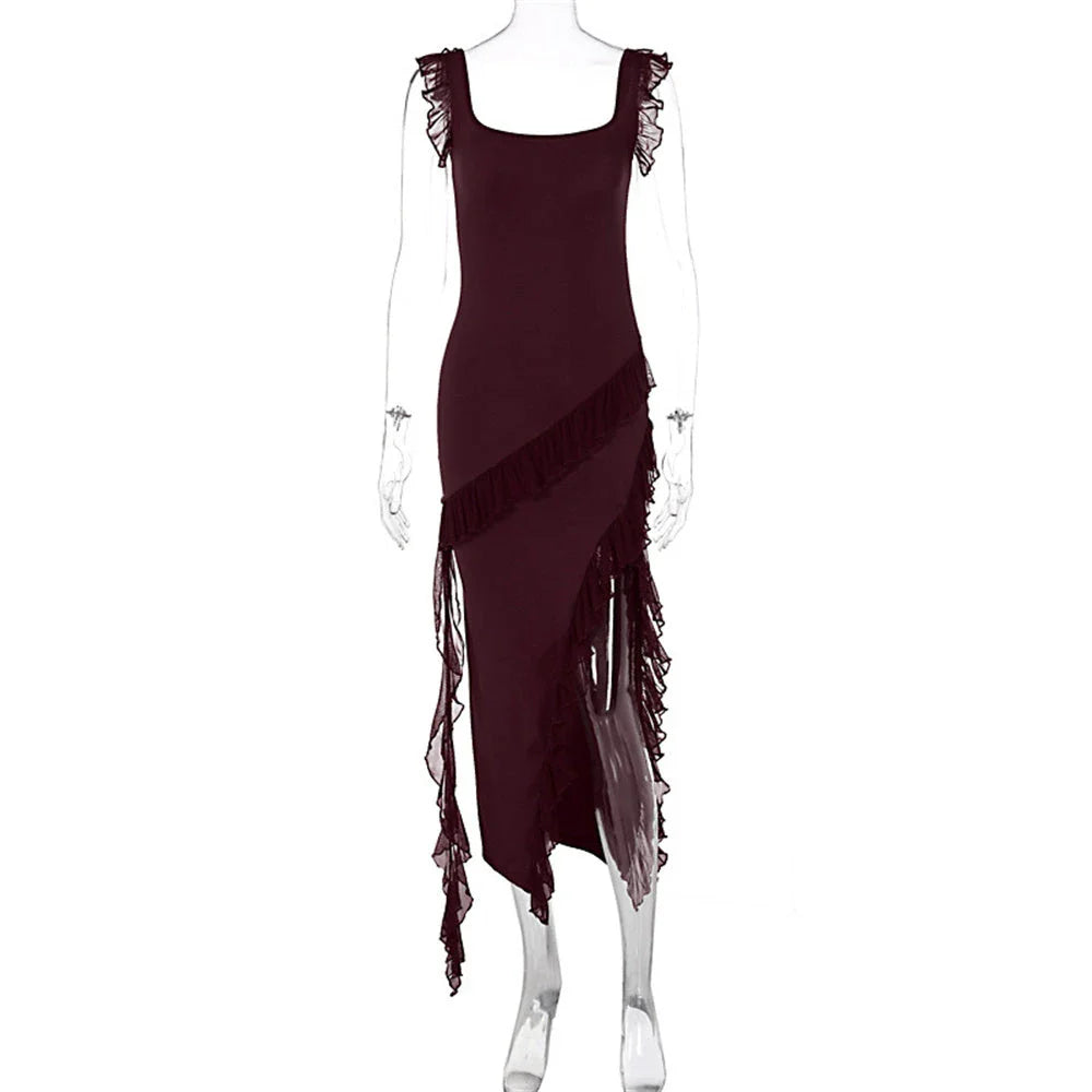 Stylish ruffled split-hem cocktail dress in a variety of colors, featuring a flattering silhouette and delicate spaghetti straps
