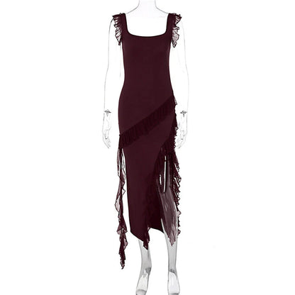 Stylish ruffled split-hem cocktail dress in a variety of colors, featuring a flattering silhouette and delicate spaghetti straps