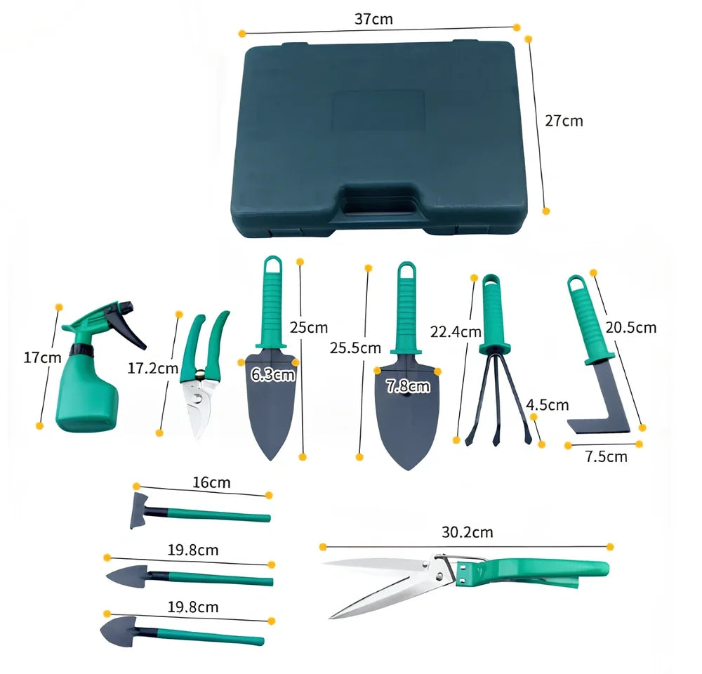 Purple-handled 10-piece rust-proof gardening tool set with anti-rust coating