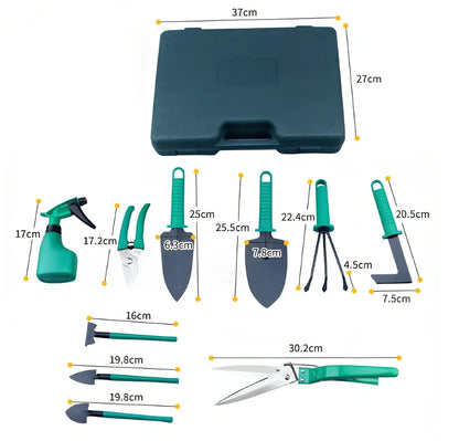Purple-handled 10-piece rust-proof gardening tool set with anti-rust coating