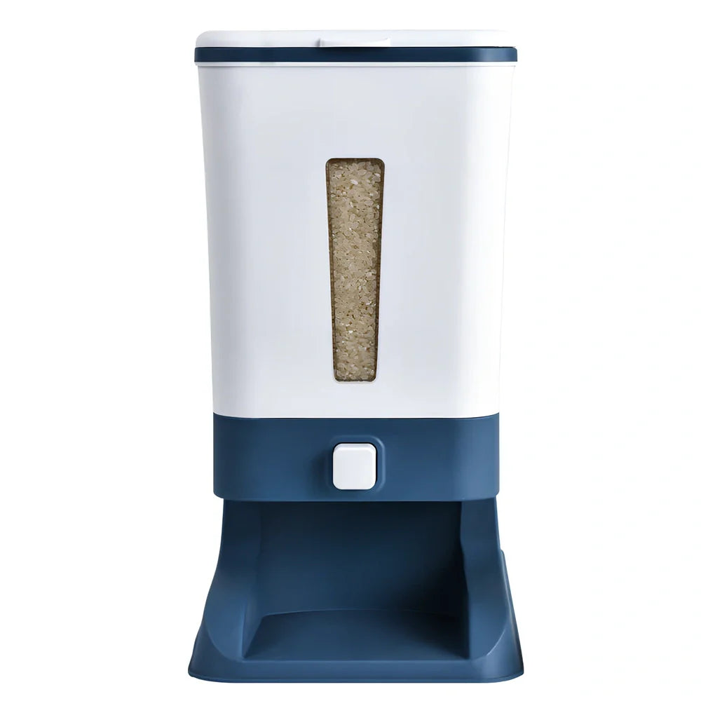 Automatic kitchen rice bucket with push-button portion control and transparent viewing window