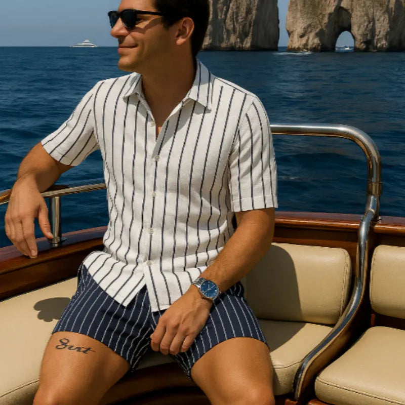 Men's beach shirt and shorts set in four-sided elastic fabric, anti-wrinkle, wear-resistant, sizes S to 4XL