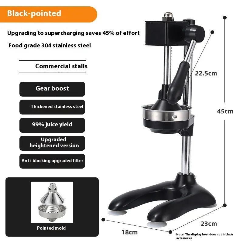 Vertical stainless steel manual juicer with zinc alloy handle in multiple colour and tip style combinations