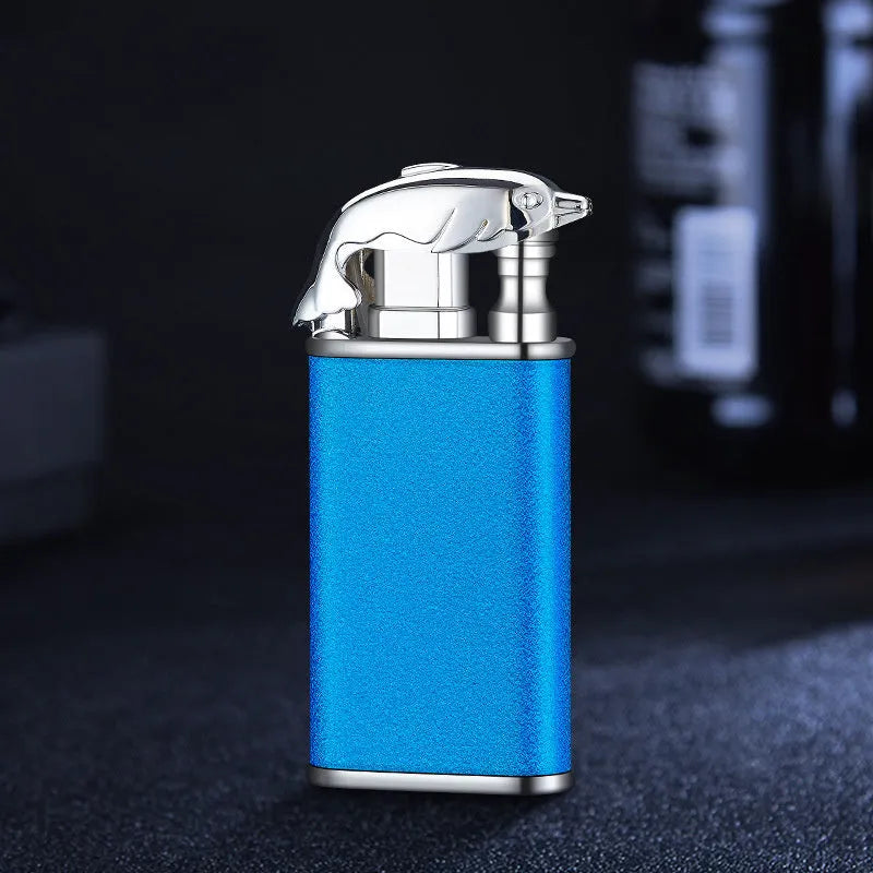 Metal windproof lighter with double flame and dragon design, showing flame from mouth.