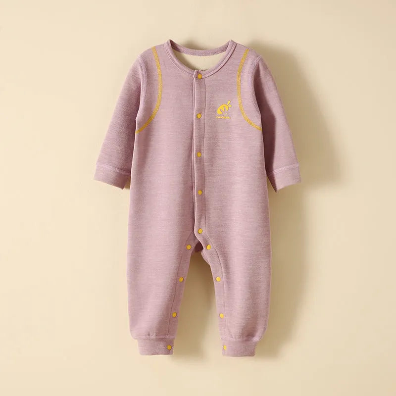 Baby plus velvet warm jumpsuit in polyester, long sleeve, single-breasted, available in six colours and five heights.