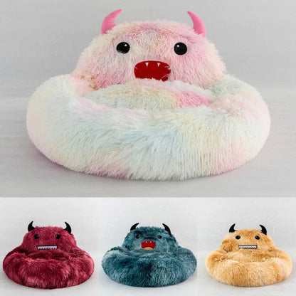 Round cat bed with soft plush and cartoon animal embroidery, available in multiple colors and sizes