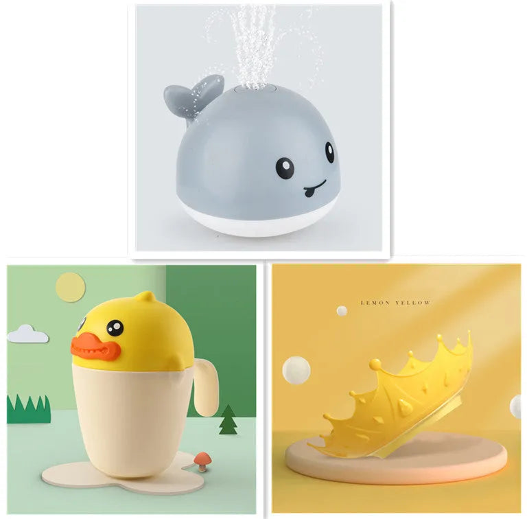 Grey or white electric whale bath toy spraying water with LED lights on a base.