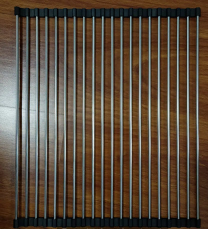 Folding stainless steel kitchen drain rack with coloured plastic tubes, shown open for use.