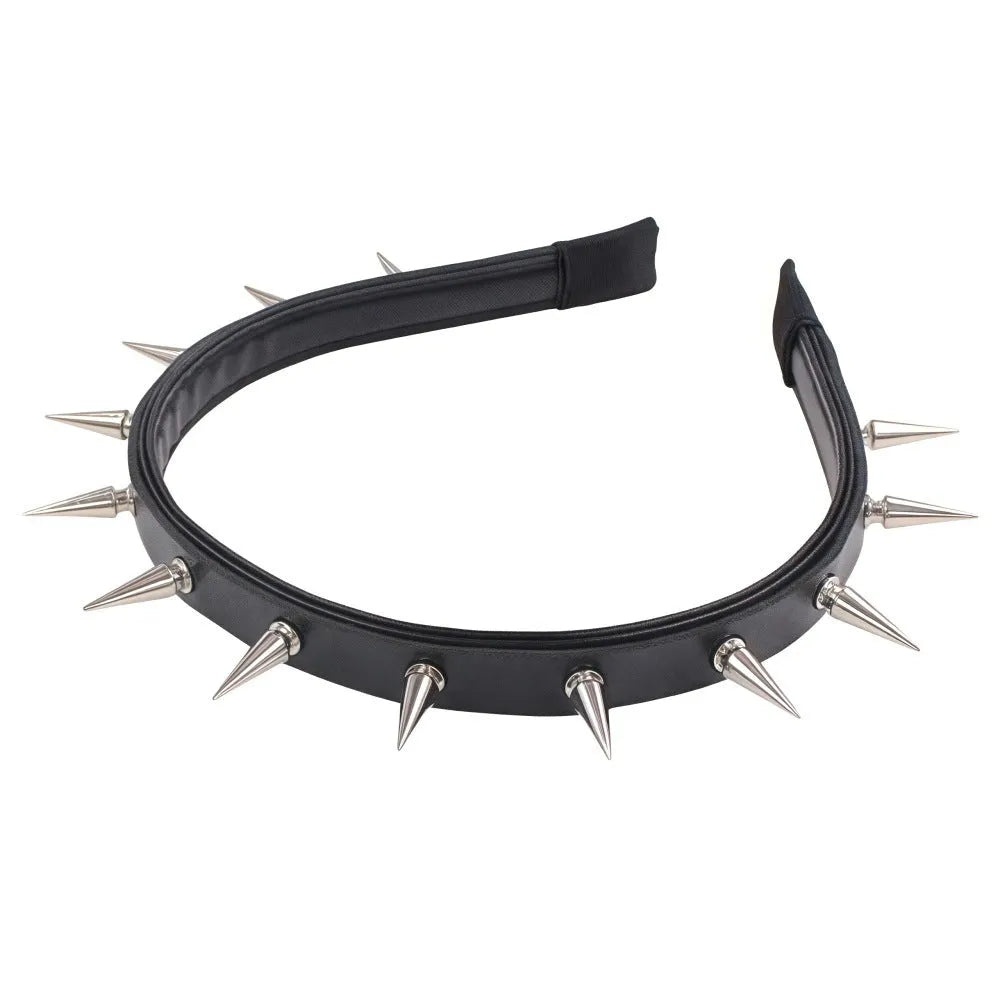 Handmade black punk metal headband with pointed nail heads and dotted rivet design
