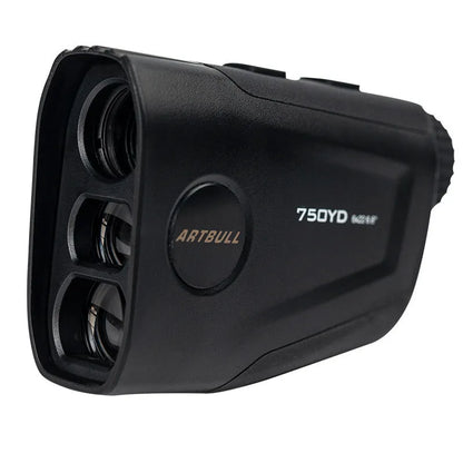 Black golf laser rangefinder with LCD display showing yardage, placed on a green golf towel.