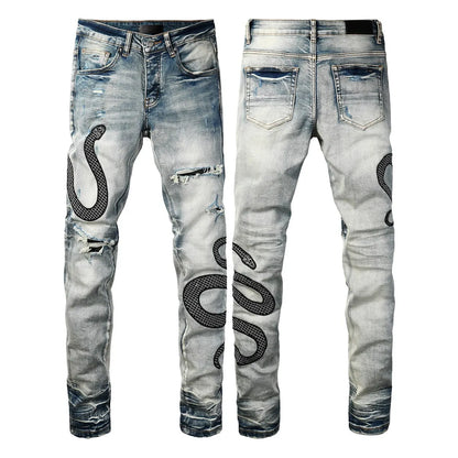 Blue distressed skinny jeans with street fashion wash and mid waist design
