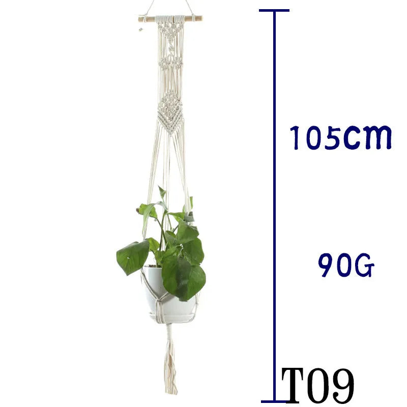 Handmade beige cotton rope net bag holding a plant pot, showing its textured sling design.