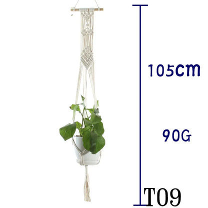 Handmade beige cotton rope net bag holding a plant pot, showing its textured sling design.