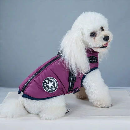 Red waterproof dog coat with built-in harness on a large dog, showing warm lining and sizing for winter.