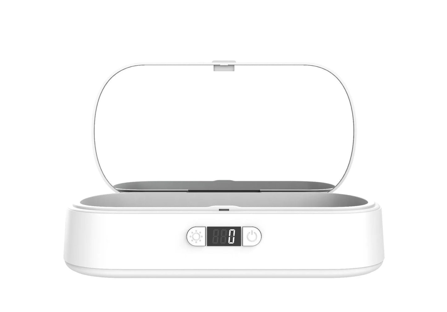 White wireless UV steriliser and charging box for mobile phones and small personal items.