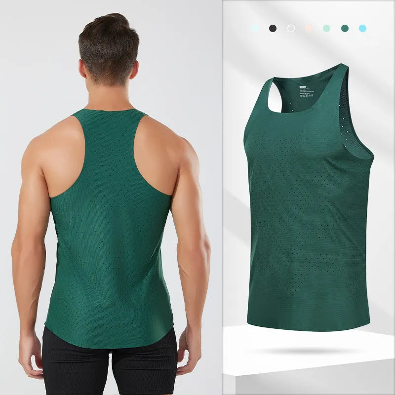 Men's sleeveless polyester running vest in seven colours, sizes S to 2XL, solid colour sports top