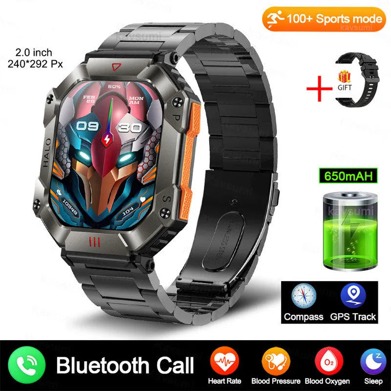 Android GPS smart watch for women with a titanium alloy case shown on a wrist, featuring a resin dial and a black camouflage strap.