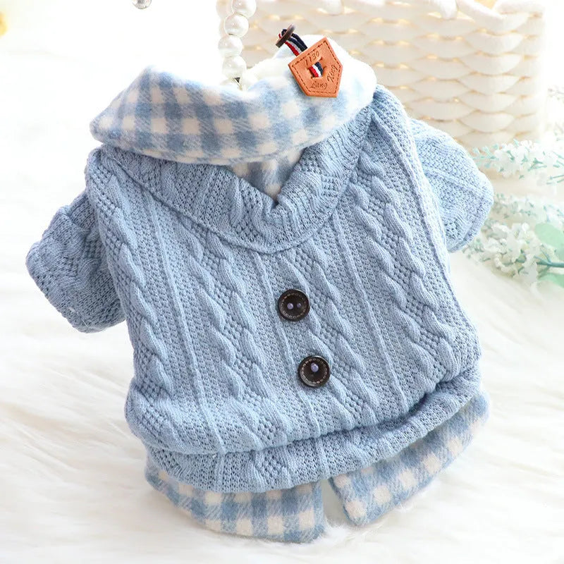 Dog sweater clothes fake two pieces fleece-lined warm cotton casual pet clothing jumper in wool plaid pattern available in blue or pink colour and sizes XS S M L XL