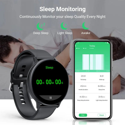 Black smart bracelet with a zinc alloy case and a 1.3-inch touch screen displaying heart rate data.