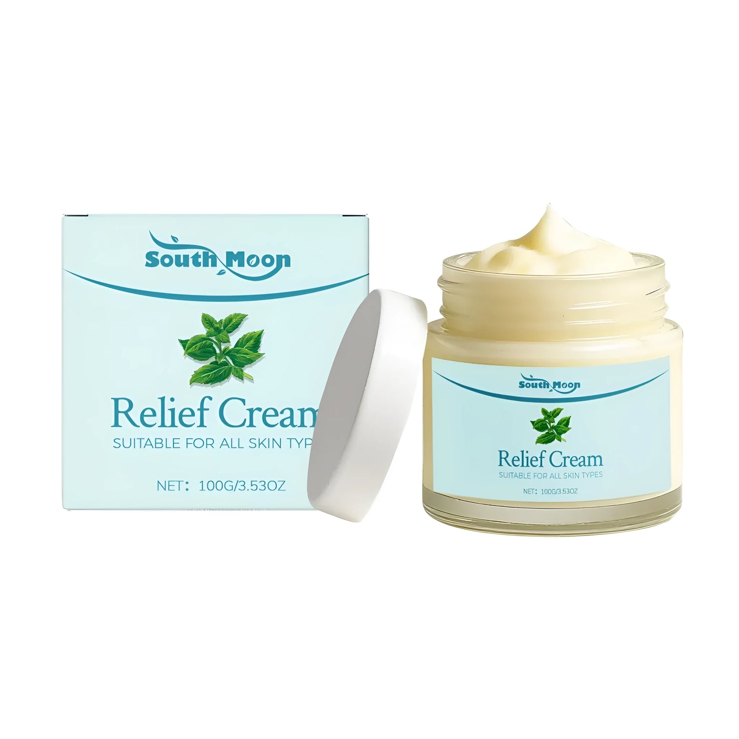 100g jar of relief cream with peppermint, shea butter and olive oil ingredients