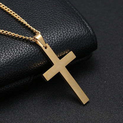 Stylish Stainless Steel Cross Pendant Necklace for Men - Available in Black, Silver, and Gold