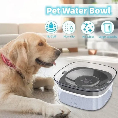 Transparent 70oz dog water bowl with floating disk, showing water level indicator and non-slip base