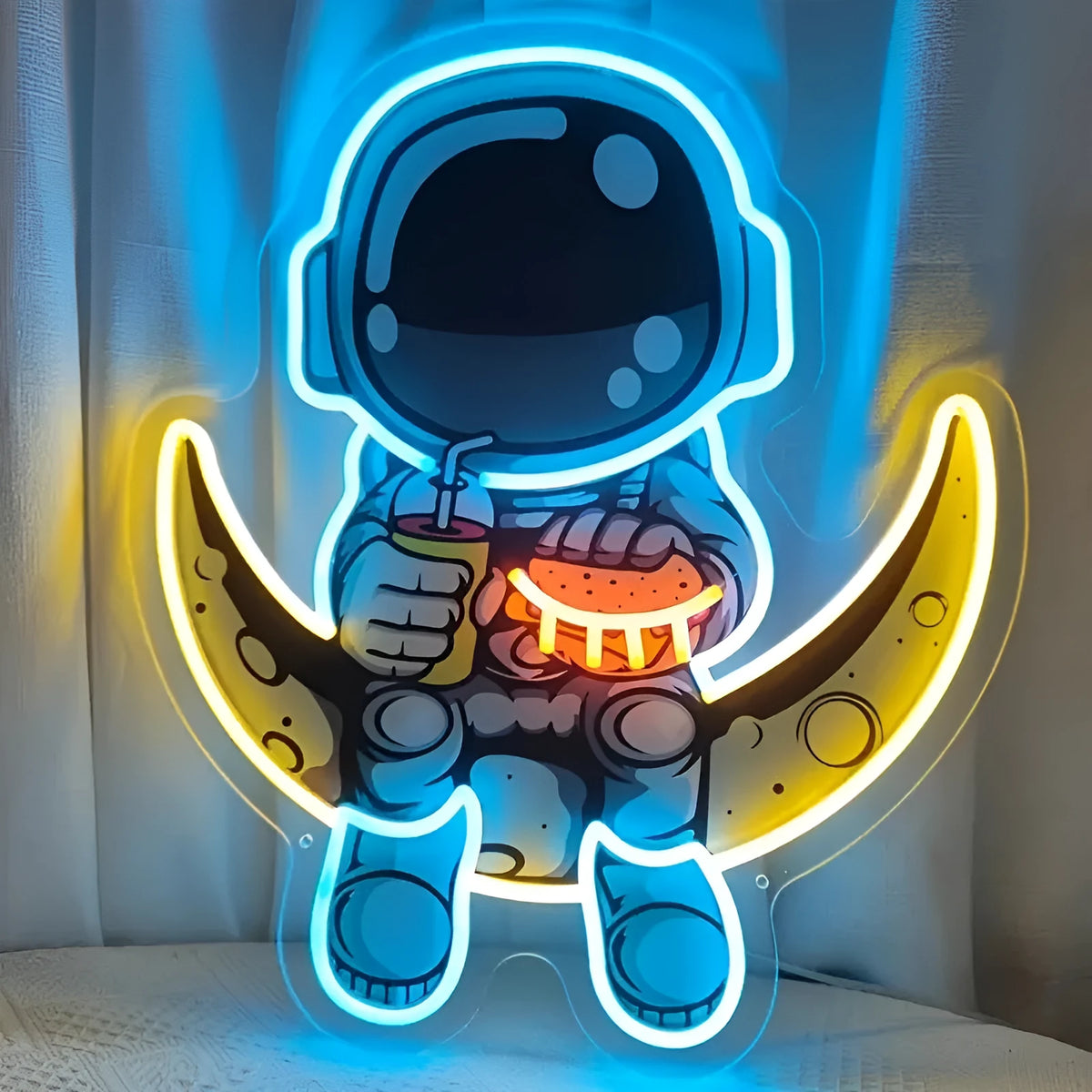 Astronaut silhouette neon light mounted on wall with USB cable, blue or cold white LED illumination
