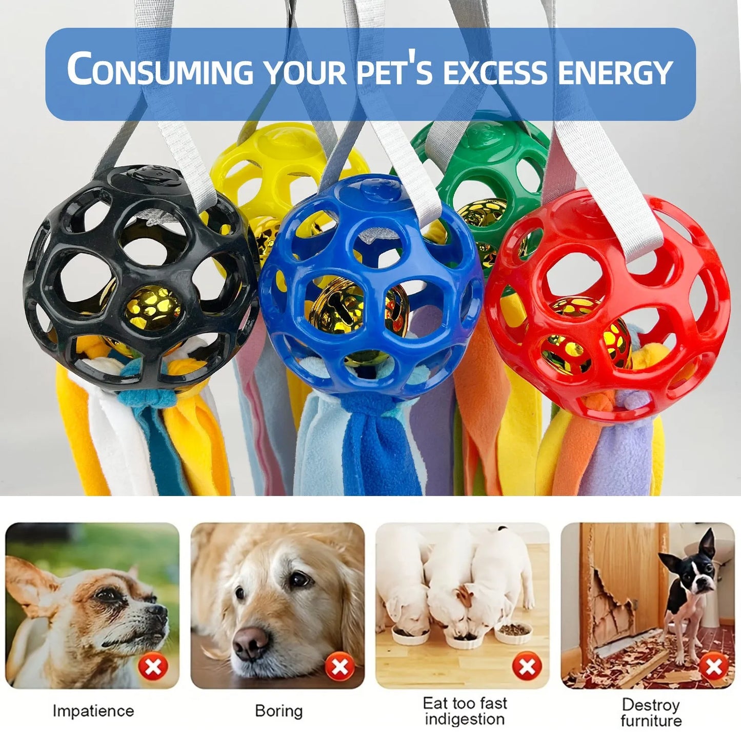 Colourful hollow TPR ball pet toy with a bell inside for dogs and cats.