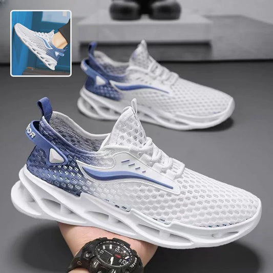 Breathable mesh running shoes with lace-up closure, available in black, white blue, and white grey colors