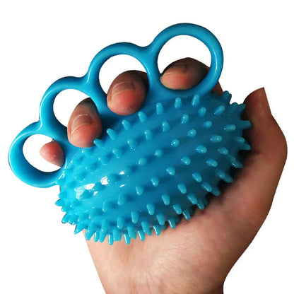 Therapeutic hand grip massager with massage bumps and finger holes for improving grip strength and relaxing hand muscles