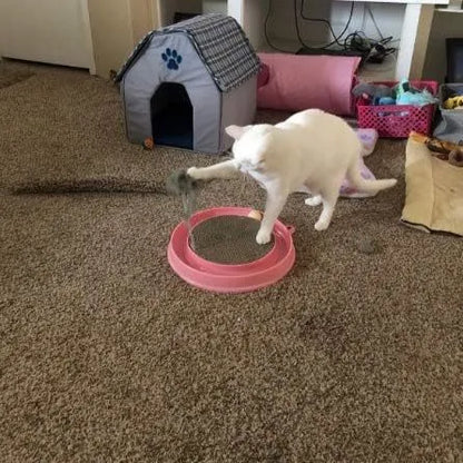 Blue cat scratcher with ball track and replaceable 9.7-inch cardboard pad measuring 40x40cm
