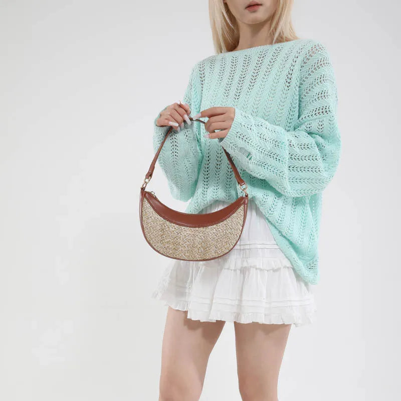 Women's straw crossbody dumpling bag, hard straw material with single shoulder strap, cross-border fashion design featuring sandwich pocket outer bag, internal zipper change bag, mobile phone bag and file bag, available in black, brown, green or white