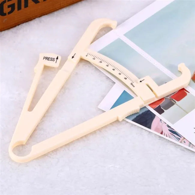 Fat caliper body fat measuring instrument with 200mm measuring range, constructed from acrylic material for precise skin fold thickness measurement with 0.001 accuracy, ideal for personal fitness tracking and body composition analysis.