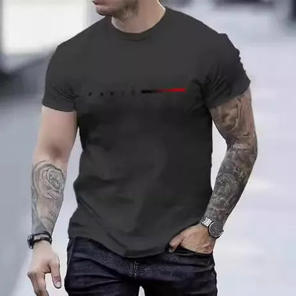 Men's slim fit 3D printed mesh top in a light colour on a hanger, showing short sleeves and patterned fabric.