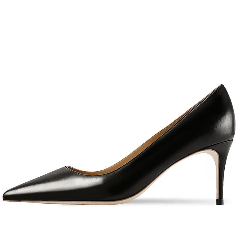 Women's black and nude pointed toe high heel slip-on pumps with soft sole.