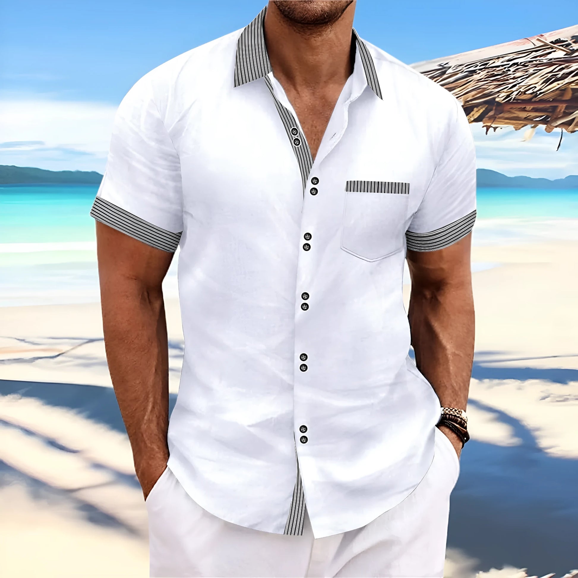 Men's slim fit striped casual shirt in pure cotton with double button short sleeves on a hanger