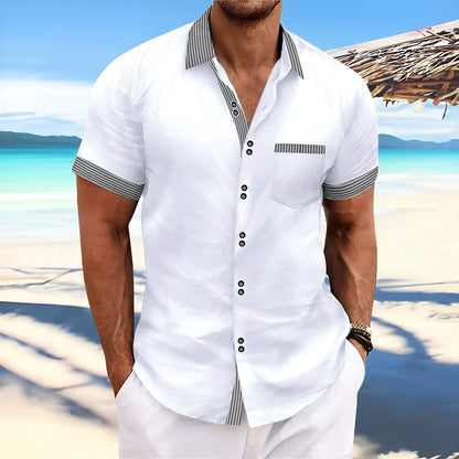 Men's slim fit striped casual shirt in pure cotton with double button short sleeves on a hanger