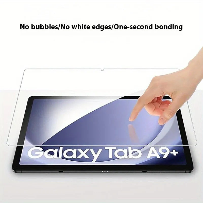 Tempered glass screen protector for Samsung Galaxy Tablet showing HD clarity and full-screen coverage.