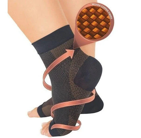 Anti-fatigue compression foot sleeve in black, red, or white, featuring moisture-wicking fabric and a heel hole for breathability.