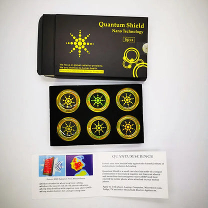 Box containing six gold and silver anti-electromagnetic wave stickers for mobile phones